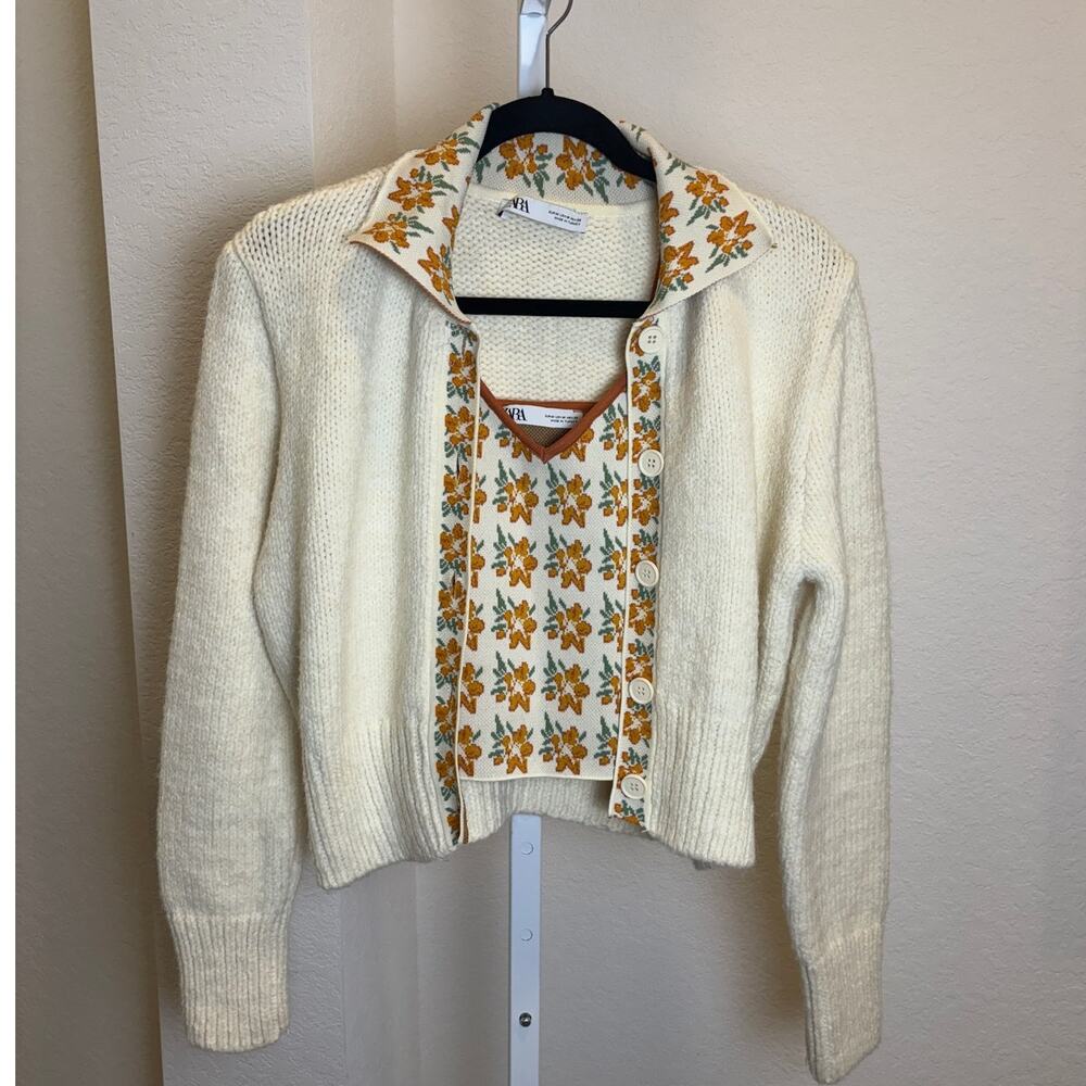 Zara Womens Sweater Cardigan Cream Orange Camisole Flower Two Piece Medium